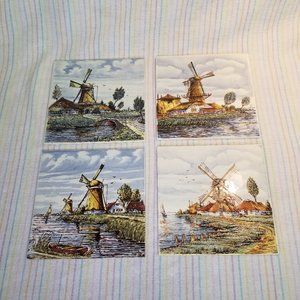Vintage Handpainted Delfts Holland Windmill Scenes Hanging Tile Trivet Set of 4